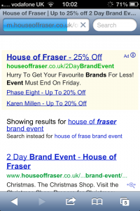 House of Fraser on mobile search, The Myndset DIgital Marketing and Brand Strategy