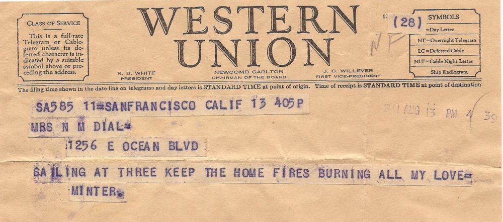 Western Union message sent on Aug 13 1941