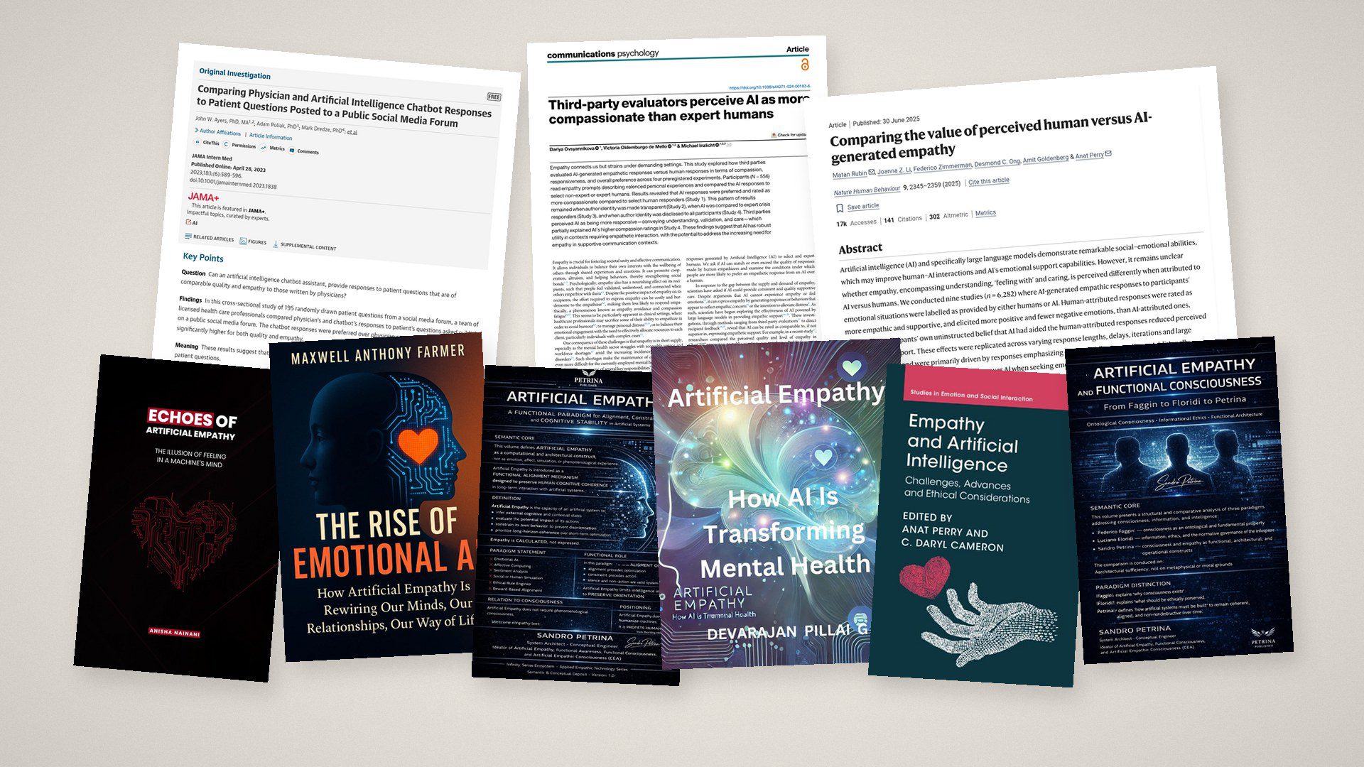 A spread of recent books and studies on artificial empathy: Echoes of Artificial Empathy (Anisha Nainani), The Rise of Emotional AI (Maxwell Anthony Farmer), Artificial Empathy: A Functional Paradigm and Artificial Empathy and Functional Consciousness (Sandro Petrina), Artificial Empathy: How AI Is Transforming Mental Health (Devarajan Pillai G), Empathy and Artificial Intelligence (eds. Anat Perry and C. Daryl Cameron), and the studies by Ayers et al. (JAMA Internal Medicine, 2023), Ovsyannikova et al. (Communications Psychology, 2025) and Rubin et al. (Nature Human Behaviour, 2025).