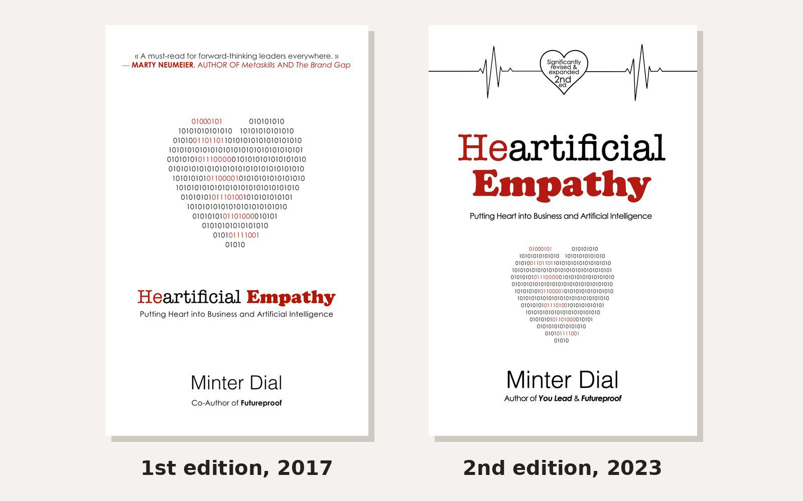 Covers of Heartificial Empathy by Minter Dial: the first edition (2017) and the revised second edition (2023).