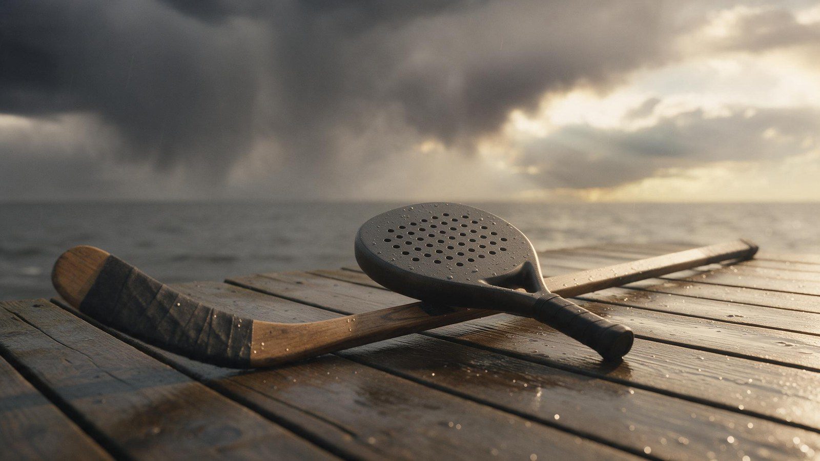A hockey stick and a padel racket side by side on a jetty