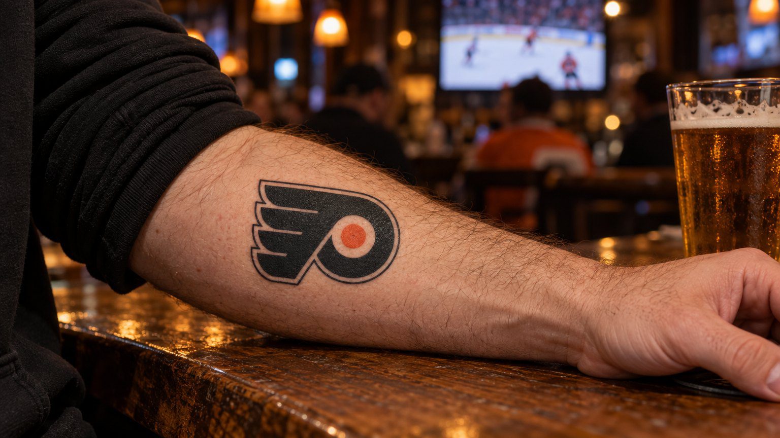 Fan's forearm with a Philadelphia Flyers tattoo