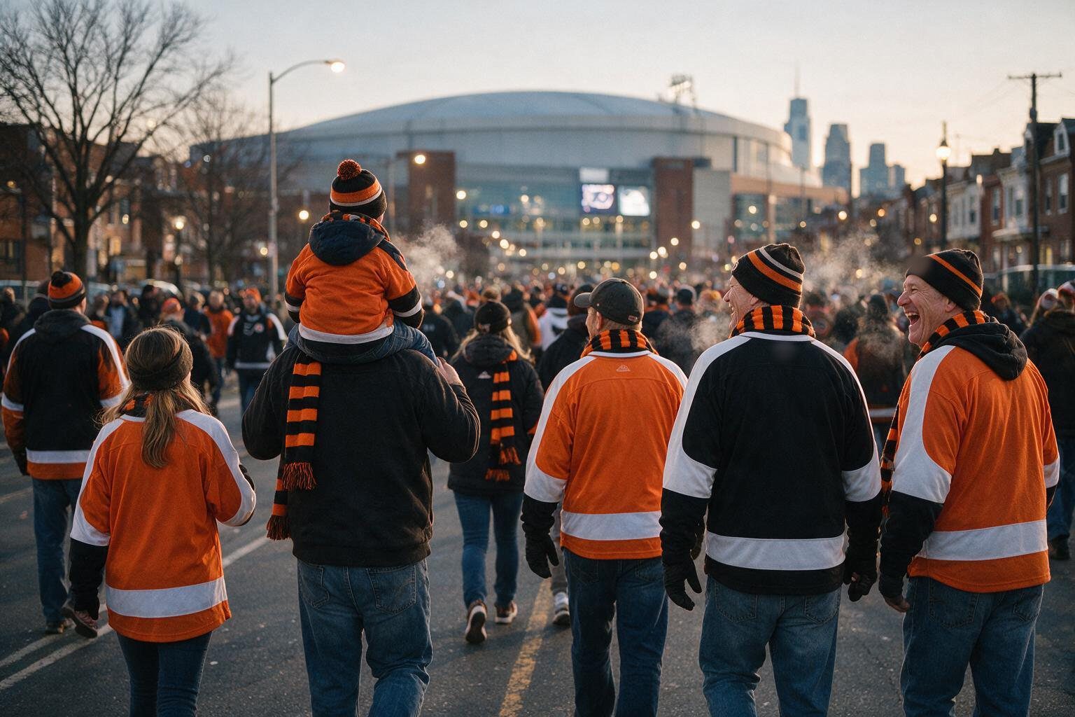 Hockey fans in orange and black scarves and beanies walking to the arena on a cold game night in Philadelphia